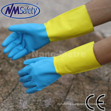 NMSAFETY dual-coating gove,blue neoprene/latex work glove with flock liner diamond grip